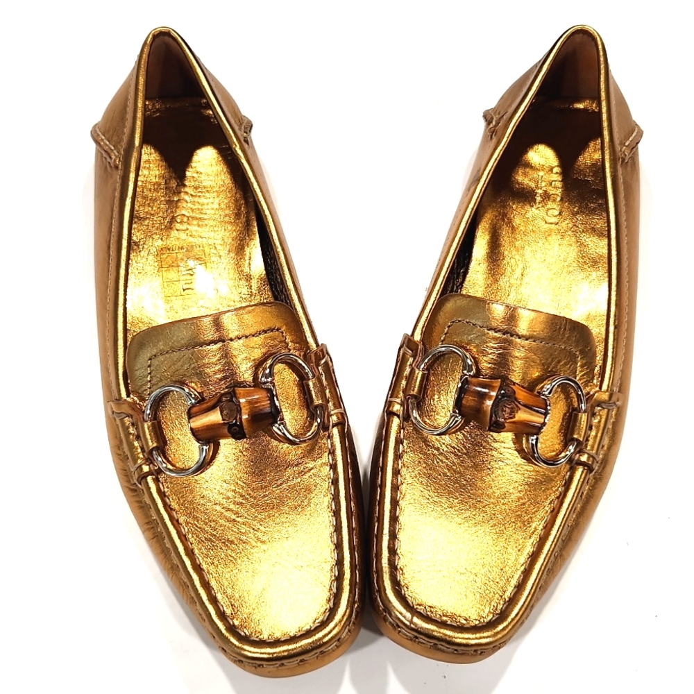 NEW!! Gucci Bamboo Horsebit Gold Leather Driving Shoes Loafers 155162 Size 5B - Picture 13 of 16